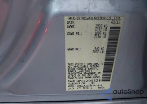 2015 Nissan Altima 2.5 Sv z USA, uszkodzony, nr VIN 1N4AL3AP7FC295328